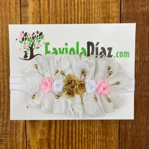 Corona Dorada con Flores Celestes y Azules Kiara - Faviola Díaz
