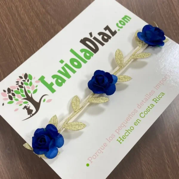 Vincha Dorada Griega con Flores Azules 2