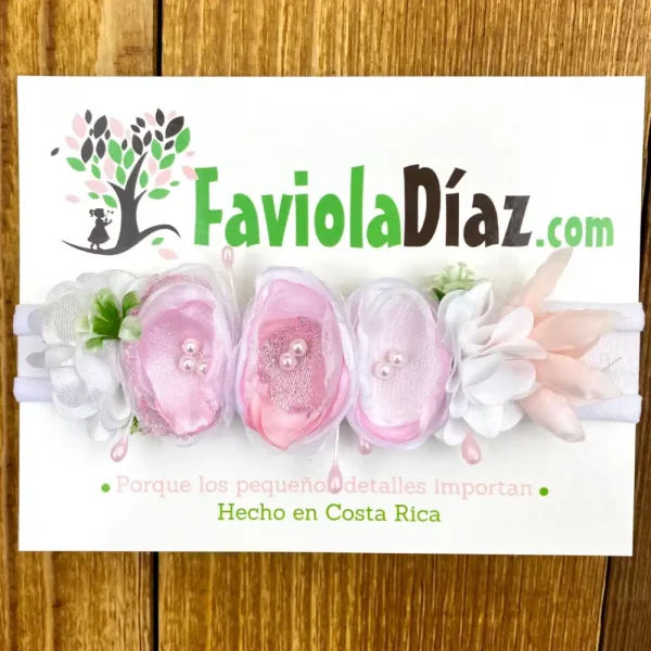 Vincha Blanca y Rosada con Flores Zuzanny