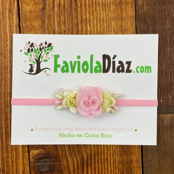 Vincha Rosada y Beige con Flores Zelmira