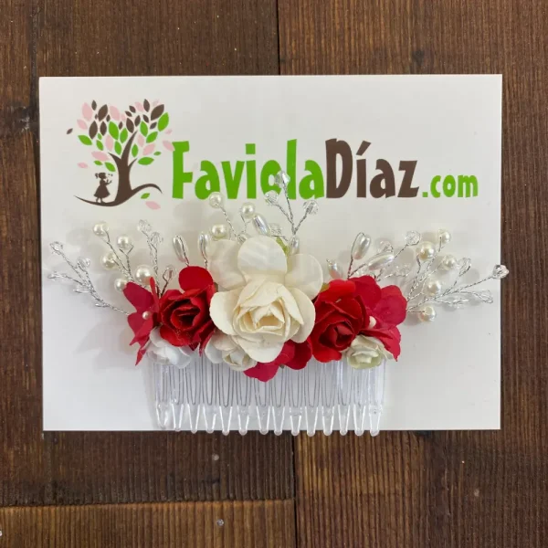 Peineta Blanco Hueso y Rojo con Flores y Perlas